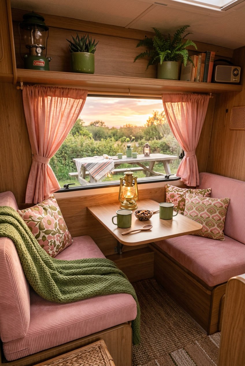 Cozy camper van interior with pink cushions and green accents, surrounded by greenery and a glowing sunset sky.