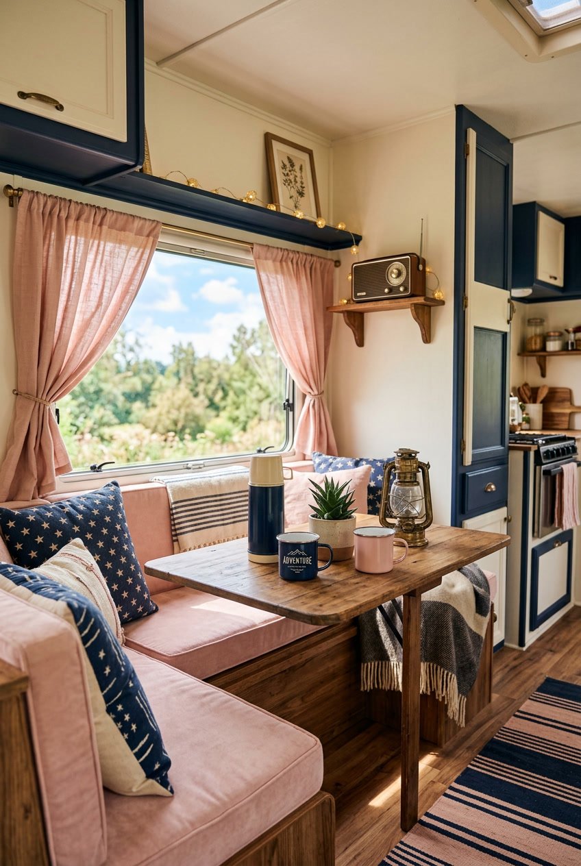Interior of a camper decorated with navy blue and blush pink cushions, curtains, and vintage camping items, with sunlight coming through the windows and greenery visible outside.