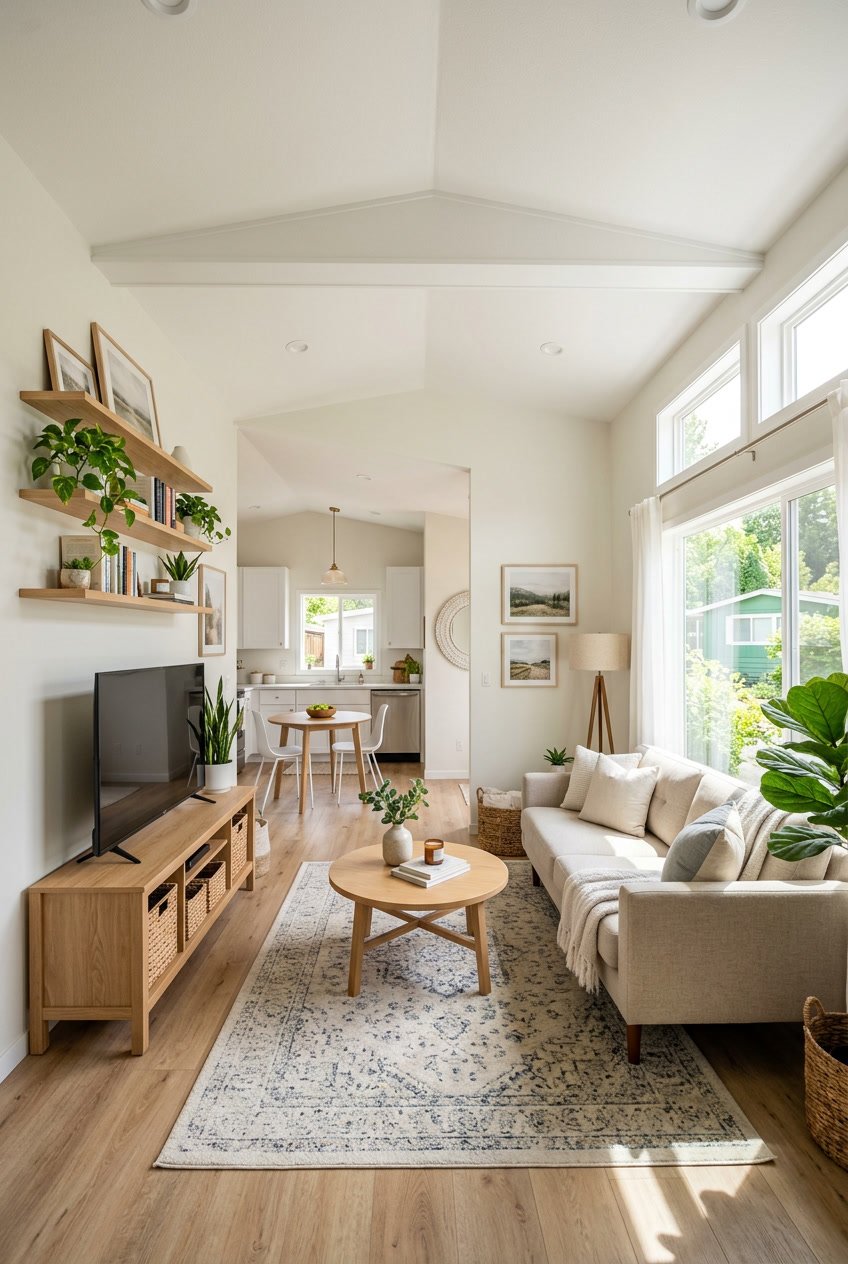 A bright and tidy living room inside a singlewide mobile home with natural light, compact furniture, plants, and decorative shelves creating an open and spacious feel.