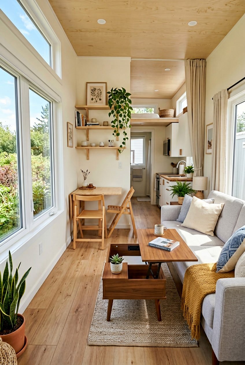 Interior of a singlewide mobile home with multi-functional furniture arranged to maximize open space.