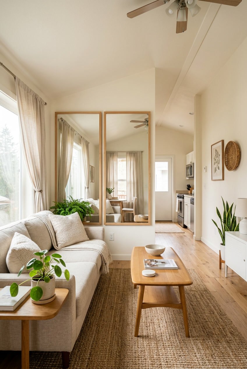 Bright living room in a small mobile home with large mirrors reflecting natural light and simple furniture.