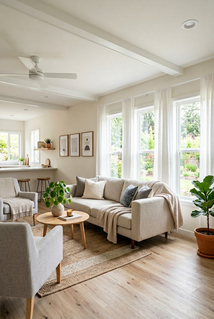 A bright living room in a singlewide mobile home with sheer white curtains allowing natural sunlight to fill the space.