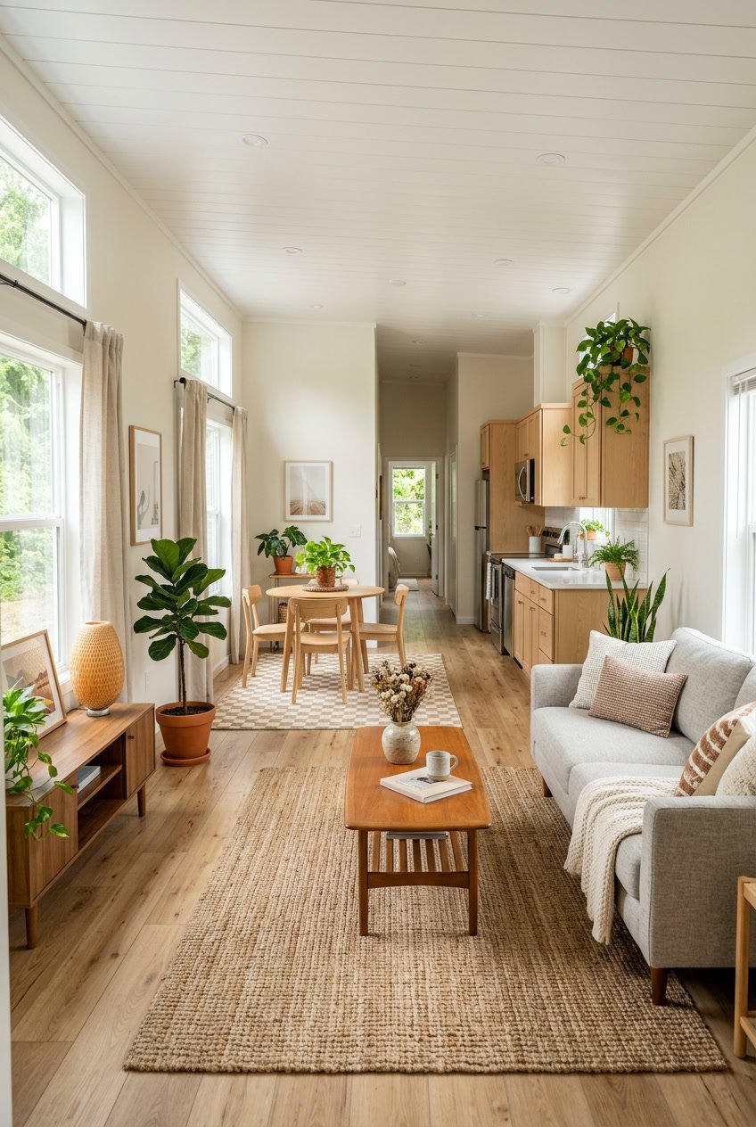 Interior of a singlewide mobile home with rugs defining separate living and dining areas, featuring furniture and natural light.