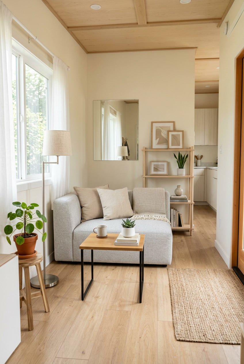 Interior of a small mobile home living area with low-profile furniture, natural light, and simple decor to create an open space.
