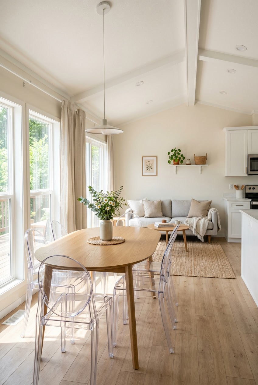Interior of a singlewide mobile home with clear acrylic chairs around a dining table, bright natural light, and minimal decor.