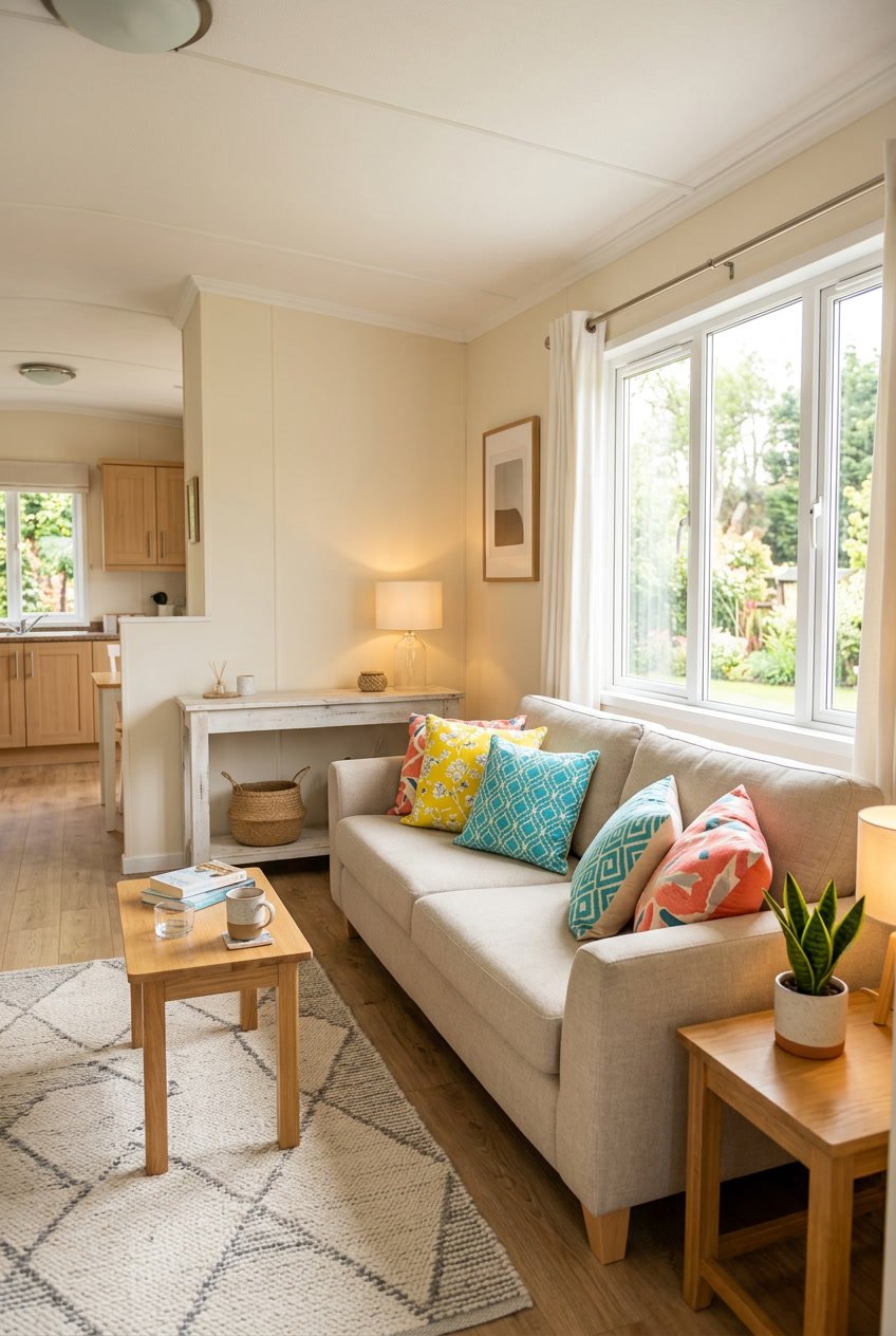 A bright and cozy living room with a sofa decorated with colorful patterned throw pillows and natural light coming through large windows.