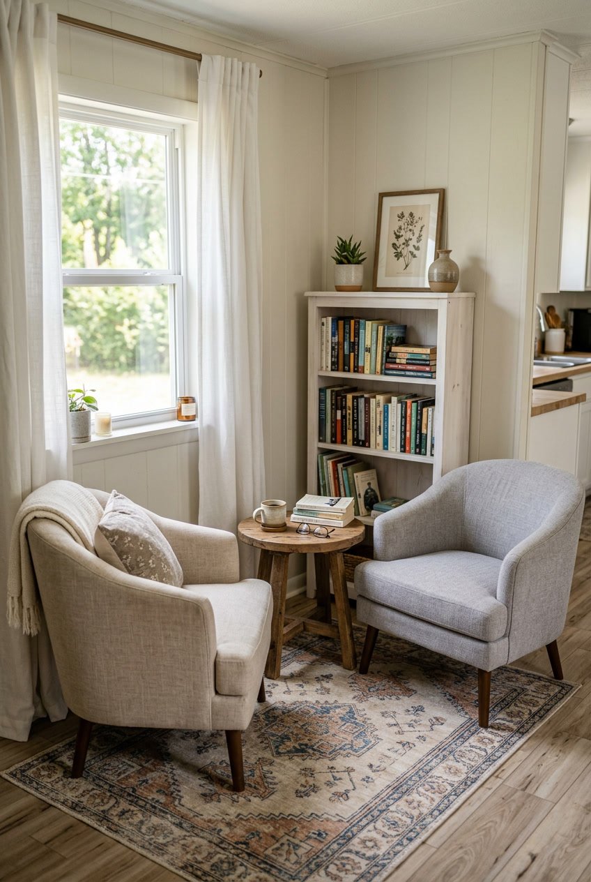 A small reading nook with two compact chairs and a side table inside a mobile home.
