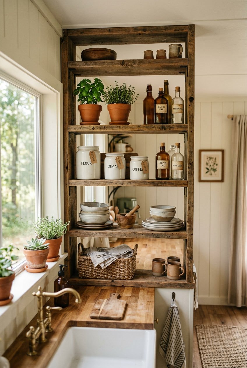Open shelving made of wood holding kitchen items and plants in a bright mobile home interior.