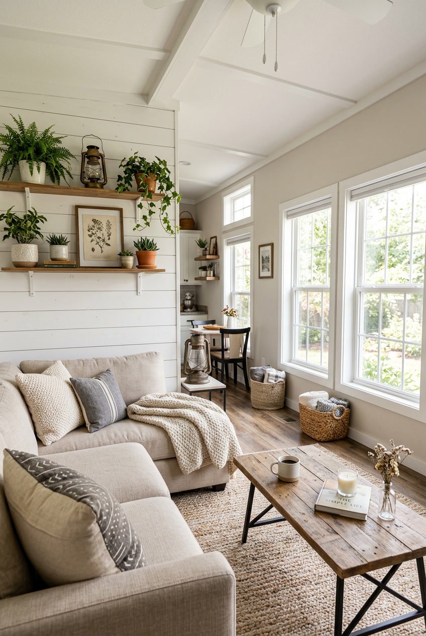 Interior of a mobile home living area with a wooden accent wall, comfortable seating, and natural light coming through windows.