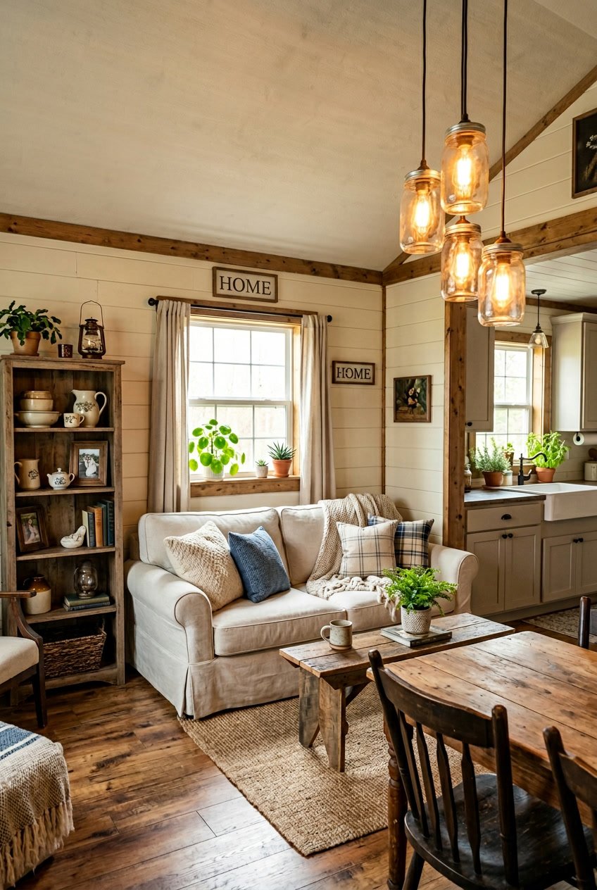 Interior of a mobile home living space with hanging mason jar light fixtures, wooden furniture, and natural light.