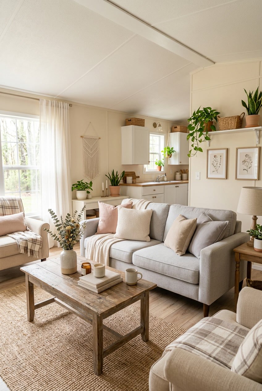 Bright and cozy living room of a mobile home with neutral and pastel colors, featuring a sofa, coffee table, and natural light coming through windows.