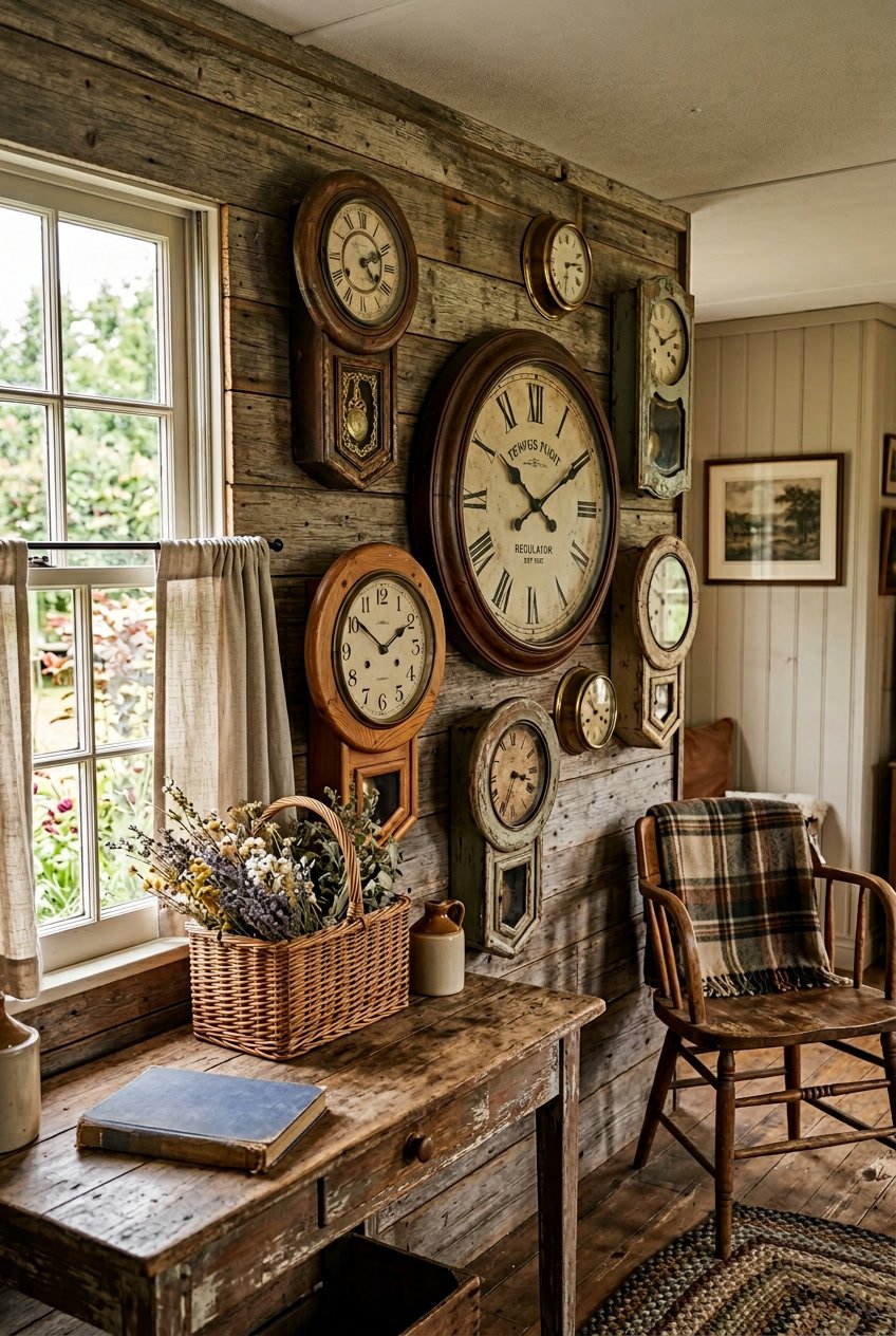 A cozy interior showing several antique wooden wall clocks hanging on a weathered wooden wall inside a small home, with natural light and rustic decorations around.
