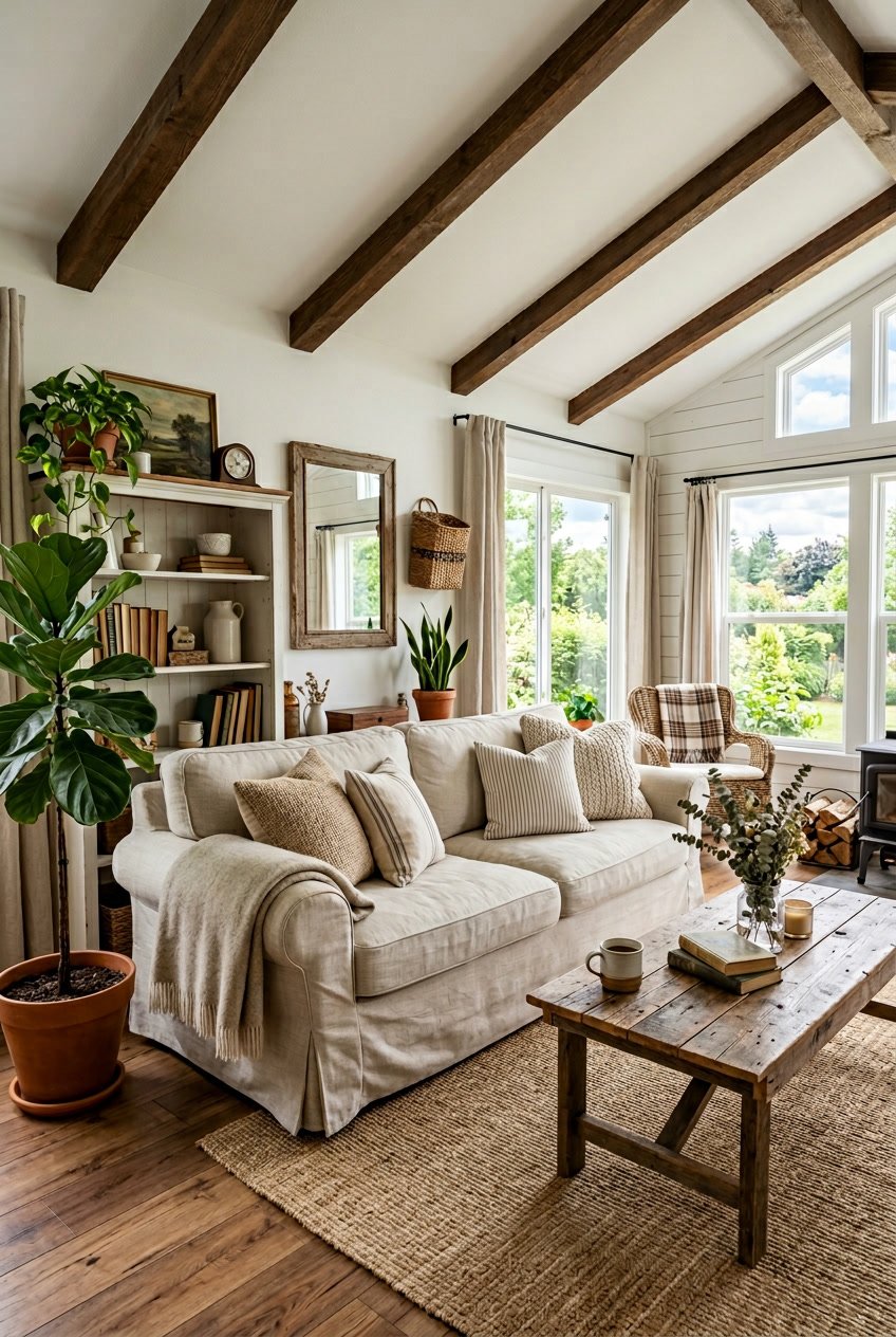 A bright living room with a slipcovered sofa, wooden coffee table, plants, and natural light coming through the windows.