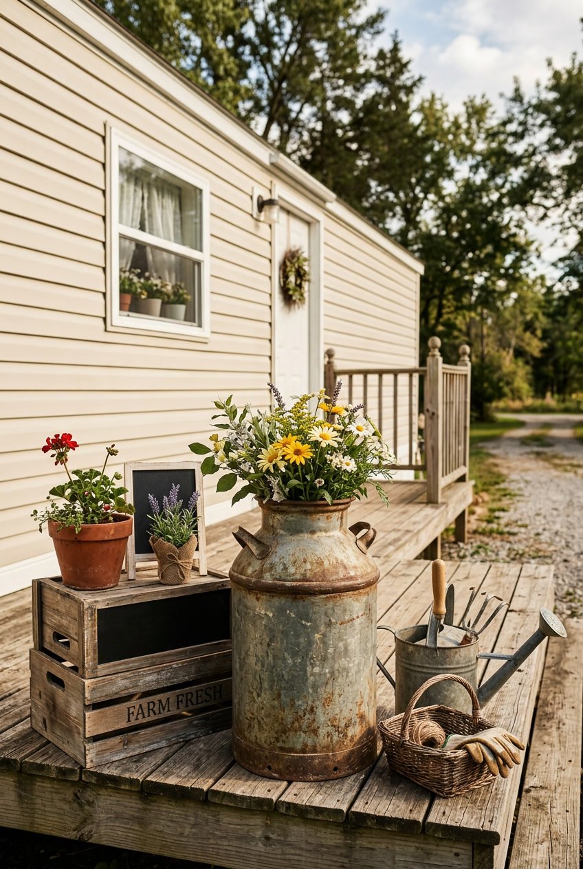A metal milk can on a wooden porch with potted flowers and gardening tools outside a mobile home.