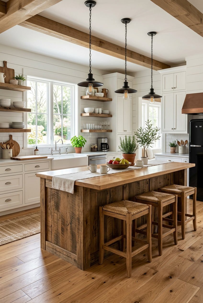 A kitchen with a large wooden island and seating, white cabinets, pendant lights, and natural light coming through windows.
