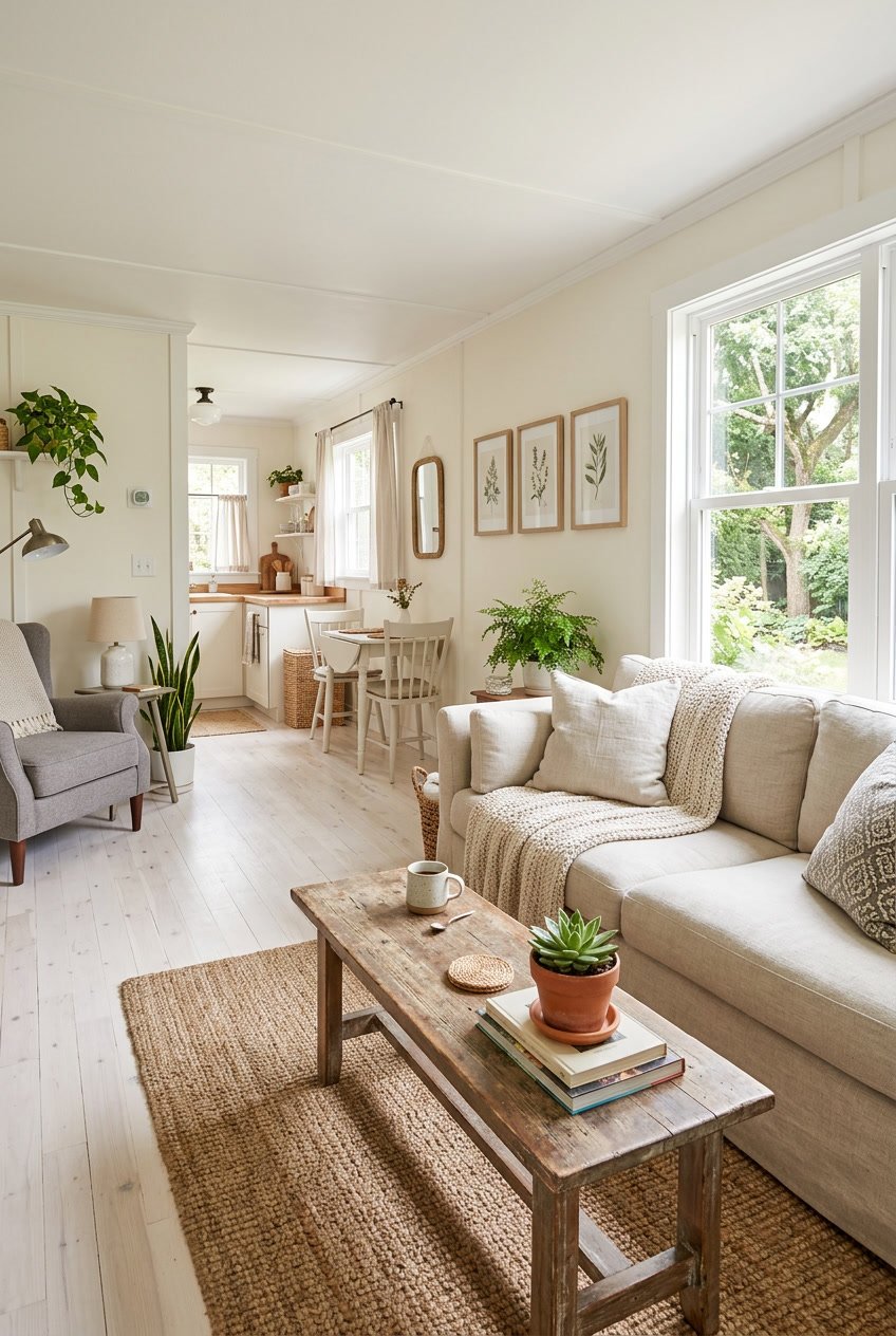 Bright and cozy living area inside a mobile home with whitewashed hardwood floors, a sofa, coffee table, and natural light from large windows.