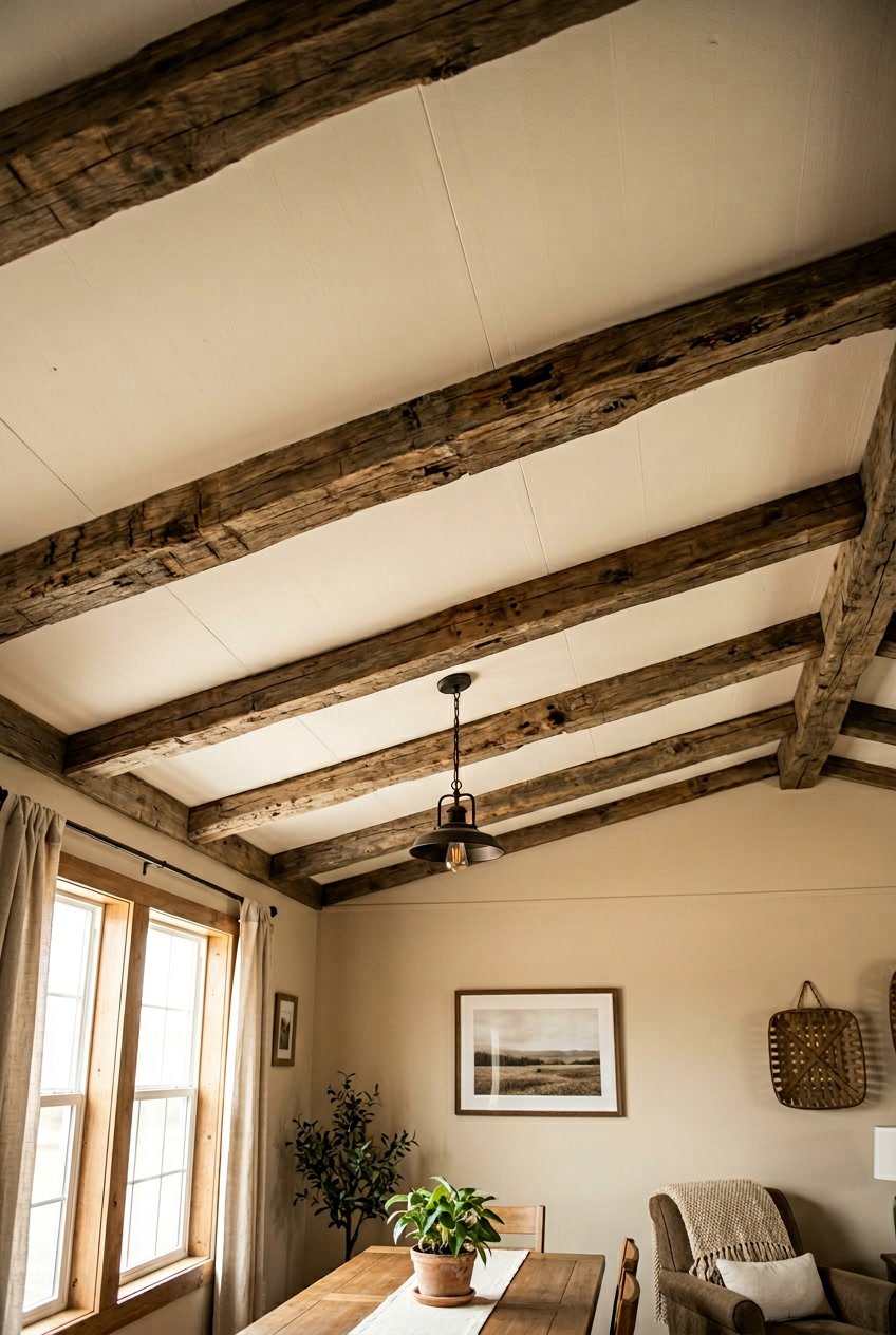 Interior ceiling with exposed weathered wooden beams and soft natural light illuminating the space.