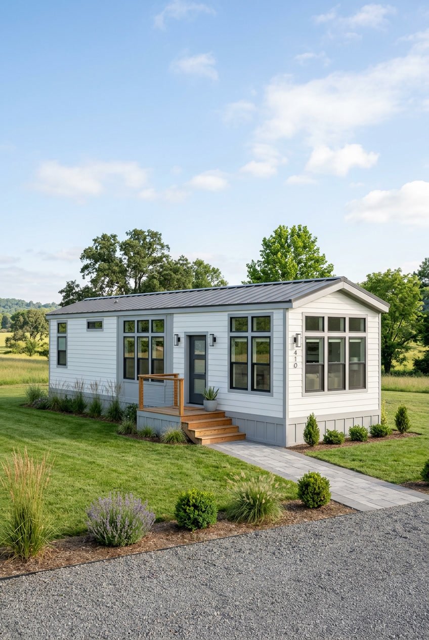 A singlewide mobile home with clean lines and a tidy yard under a clear blue sky.