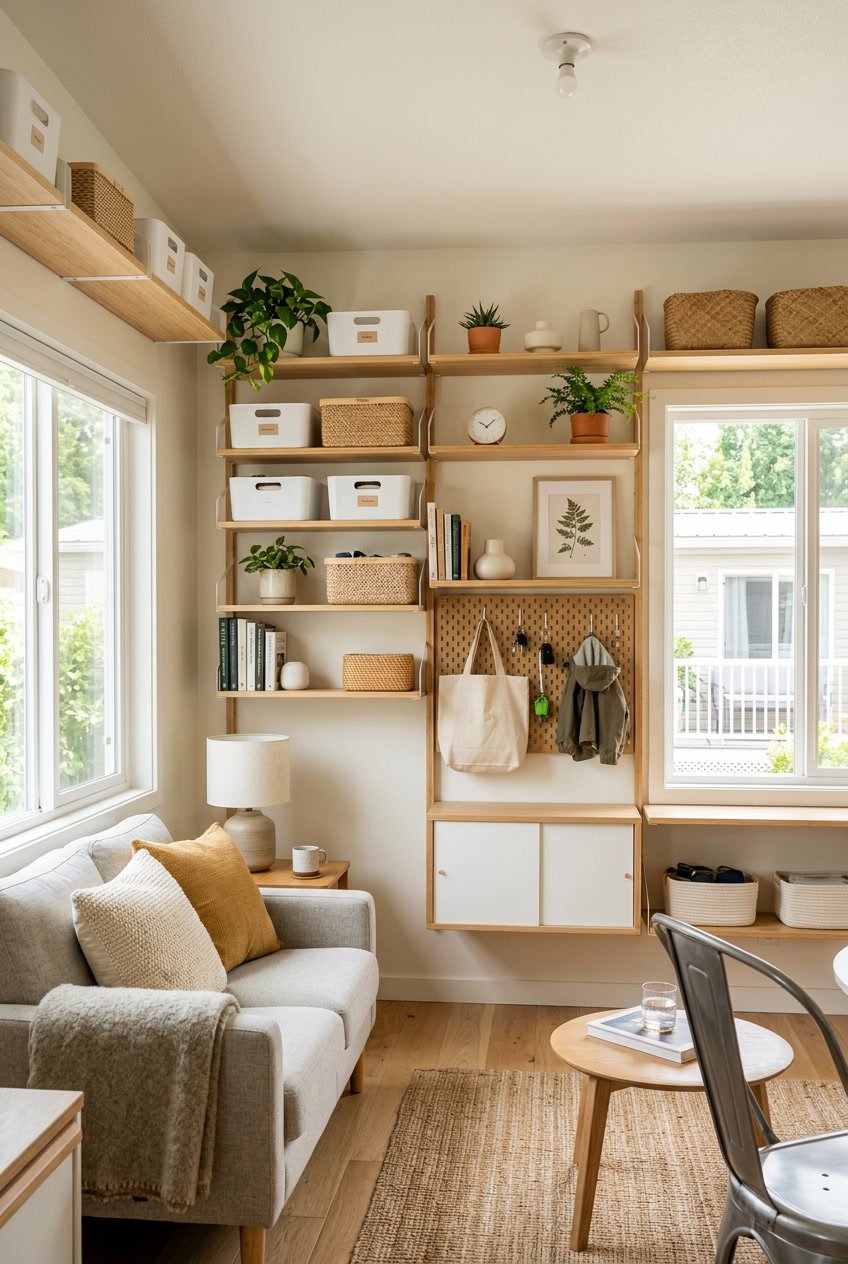 Interior of a singlewide mobile home with wall-mounted shelves holding plants and storage boxes in a neat and organized living space.