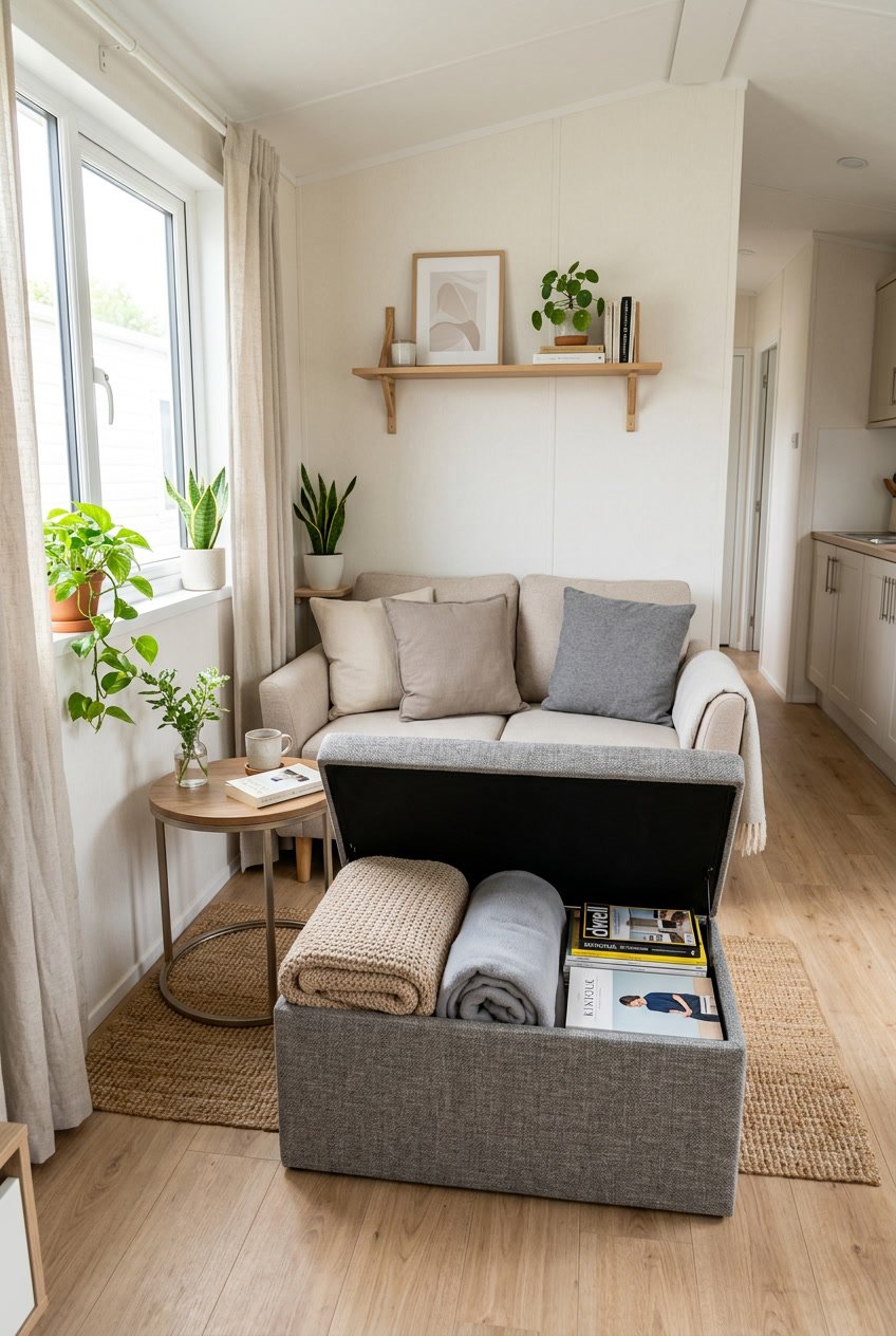 A small mobile home living area with a storage ottoman open to reveal organized items inside, a compact sofa, and natural light coming through a window.