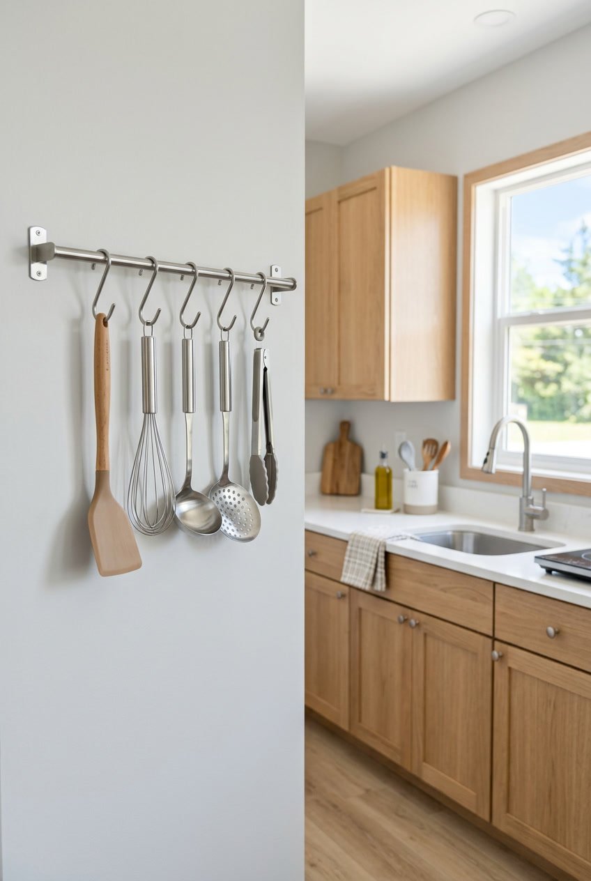 A minimalist kitchen wall with hooks holding various cooking utensils in a clean and organized mobile home kitchen.