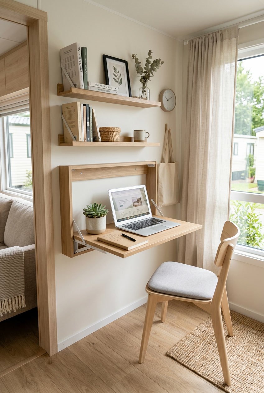 A compact workspace inside a small mobile home with a fold-down desk, laptop, plant, and shelves, illuminated by natural light.