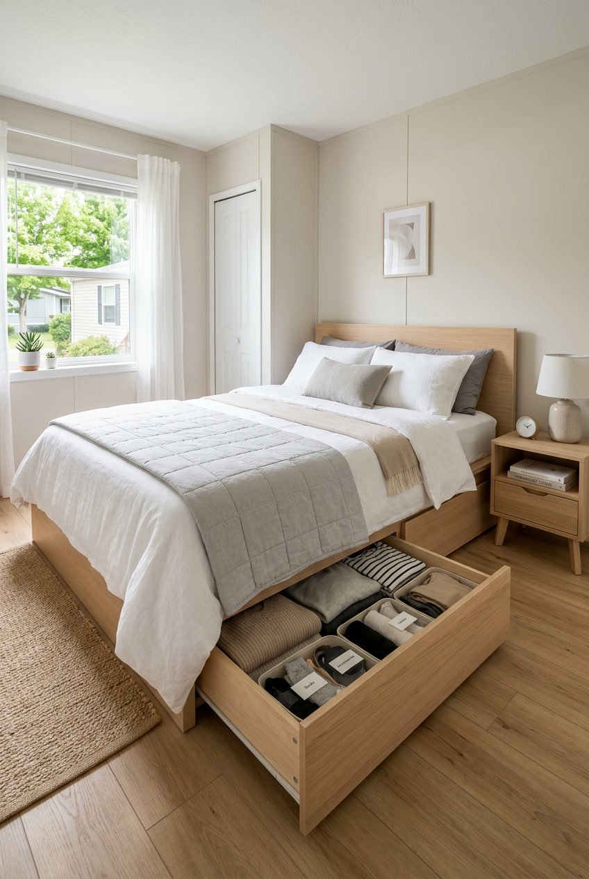 A tidy bedroom in a small mobile home with under-bed storage drawers open, showing organized contents inside.