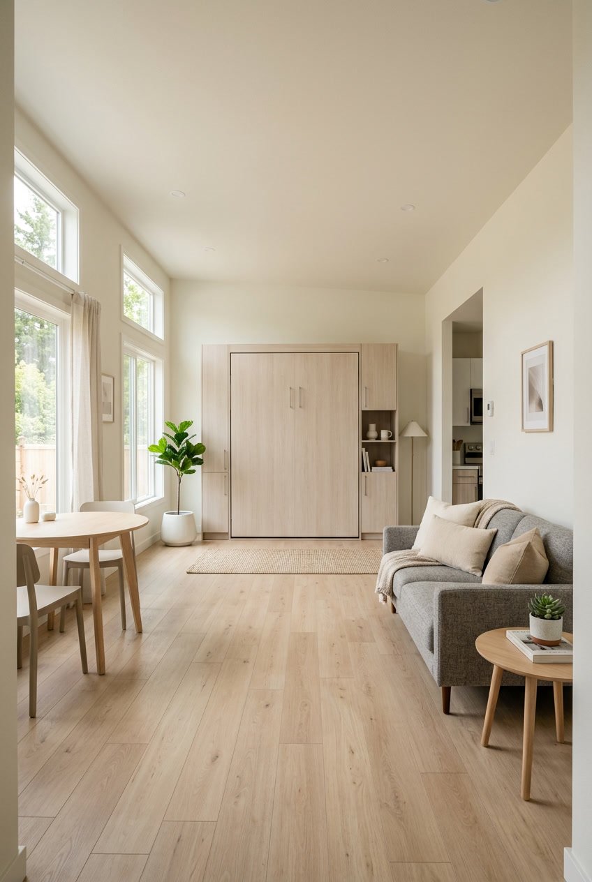 Interior of a singlewide mobile home with a Murphy bed folded up, showing an open and tidy living space with simple furniture and natural light.
