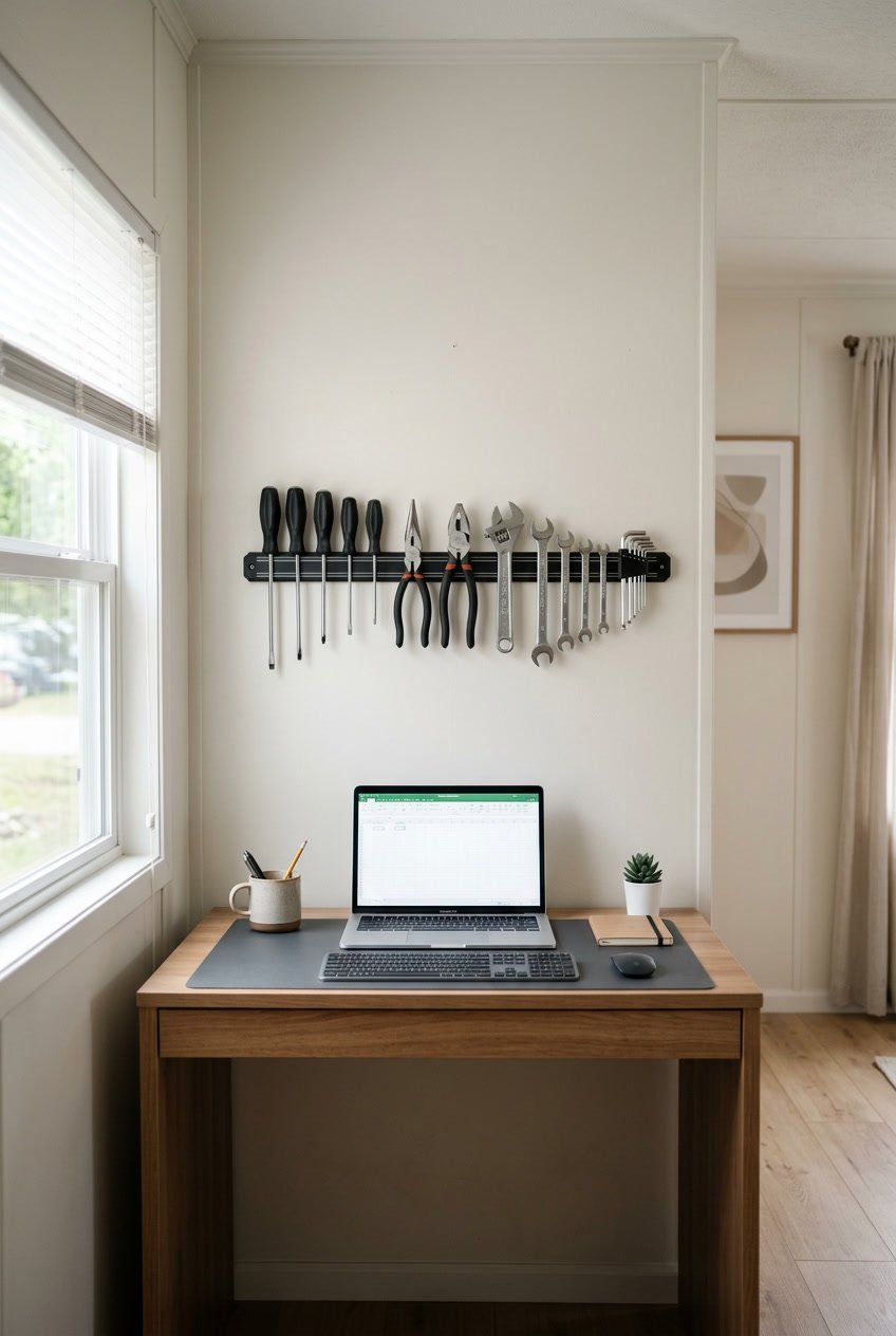 A tidy workspace in a mobile home with metal tools organized on magnetic strips mounted on the wall.