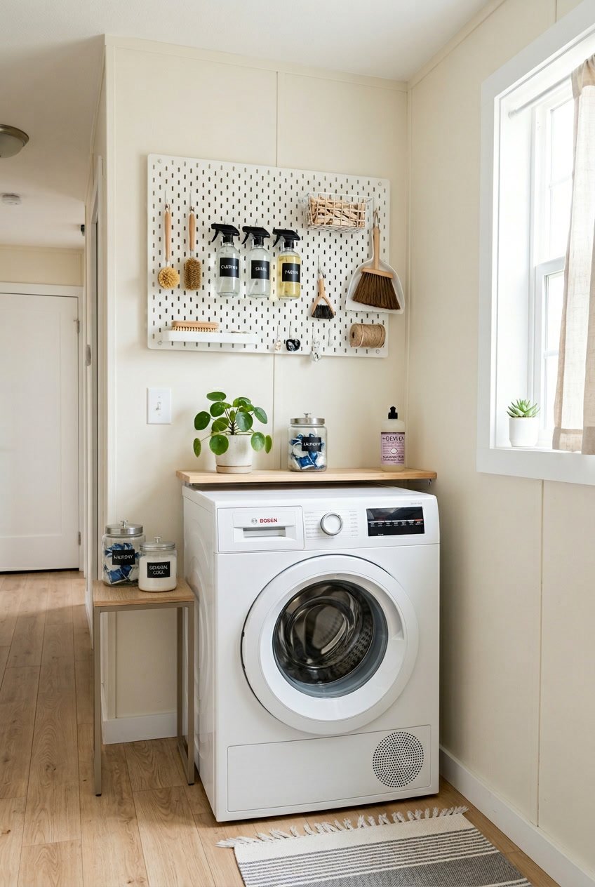 A tidy laundry area in a mobile home with a pegboard holding laundry tools above a washer and dryer.