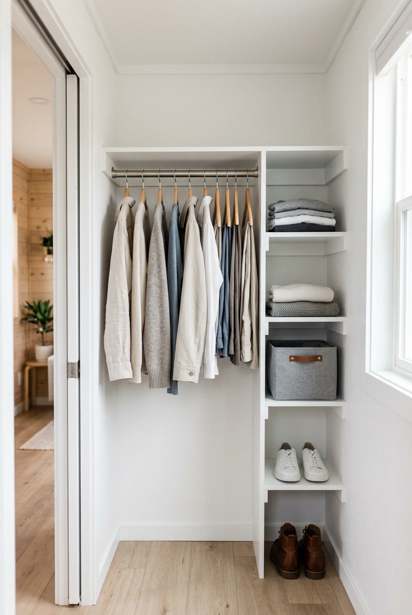 A neatly organized closet with slim, uniform hangers holding clothes and built-in shelves with folded items in a small mobile home.
