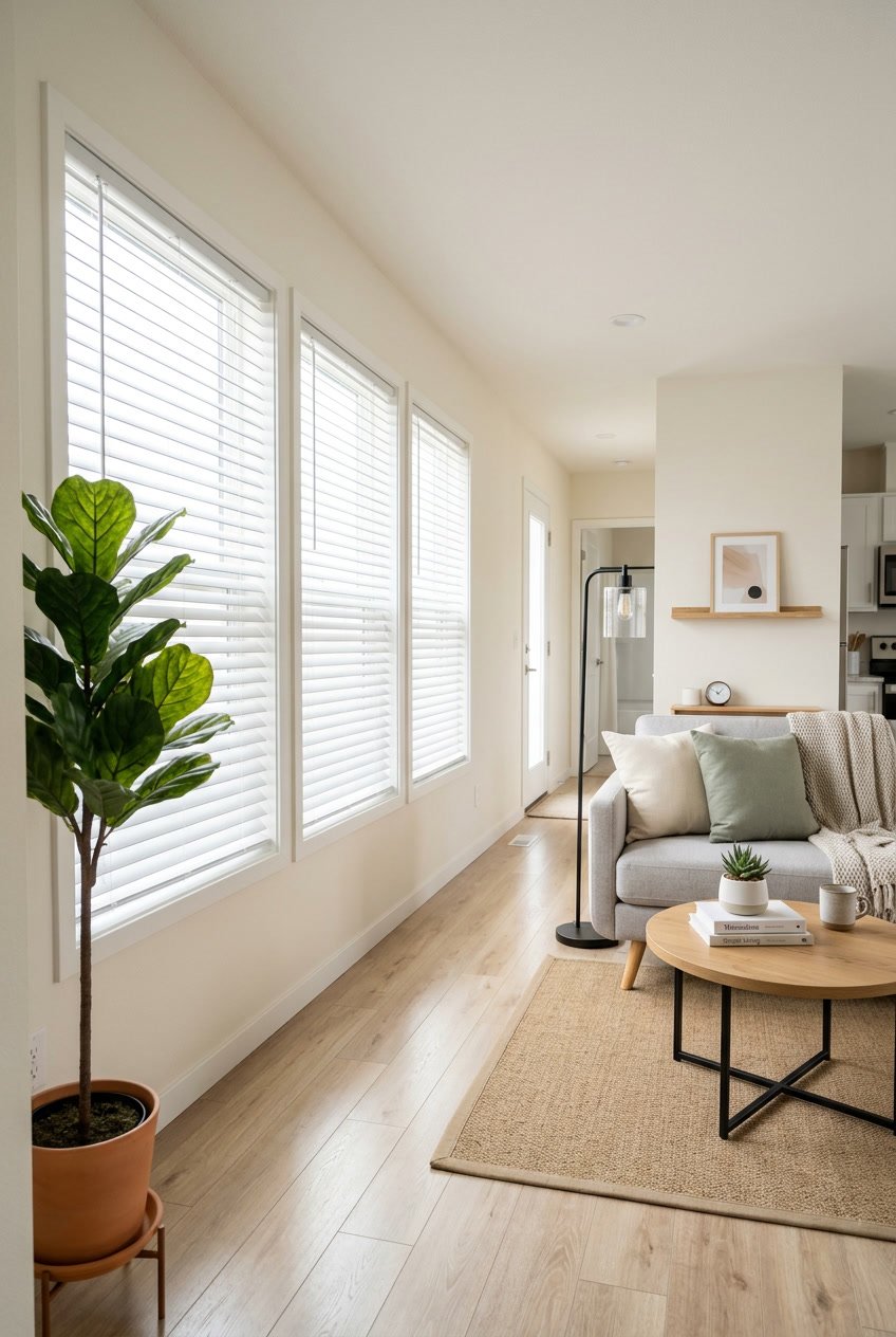 Interior of a tidy mobile home living room with sleek blinds on windows, simple furniture, and natural light.