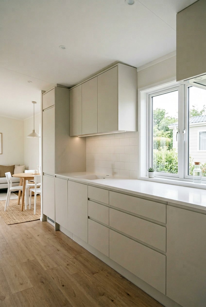 A clean and tidy singlewide mobile home kitchen with clear countertops and hidden appliances behind seamless cabinetry.