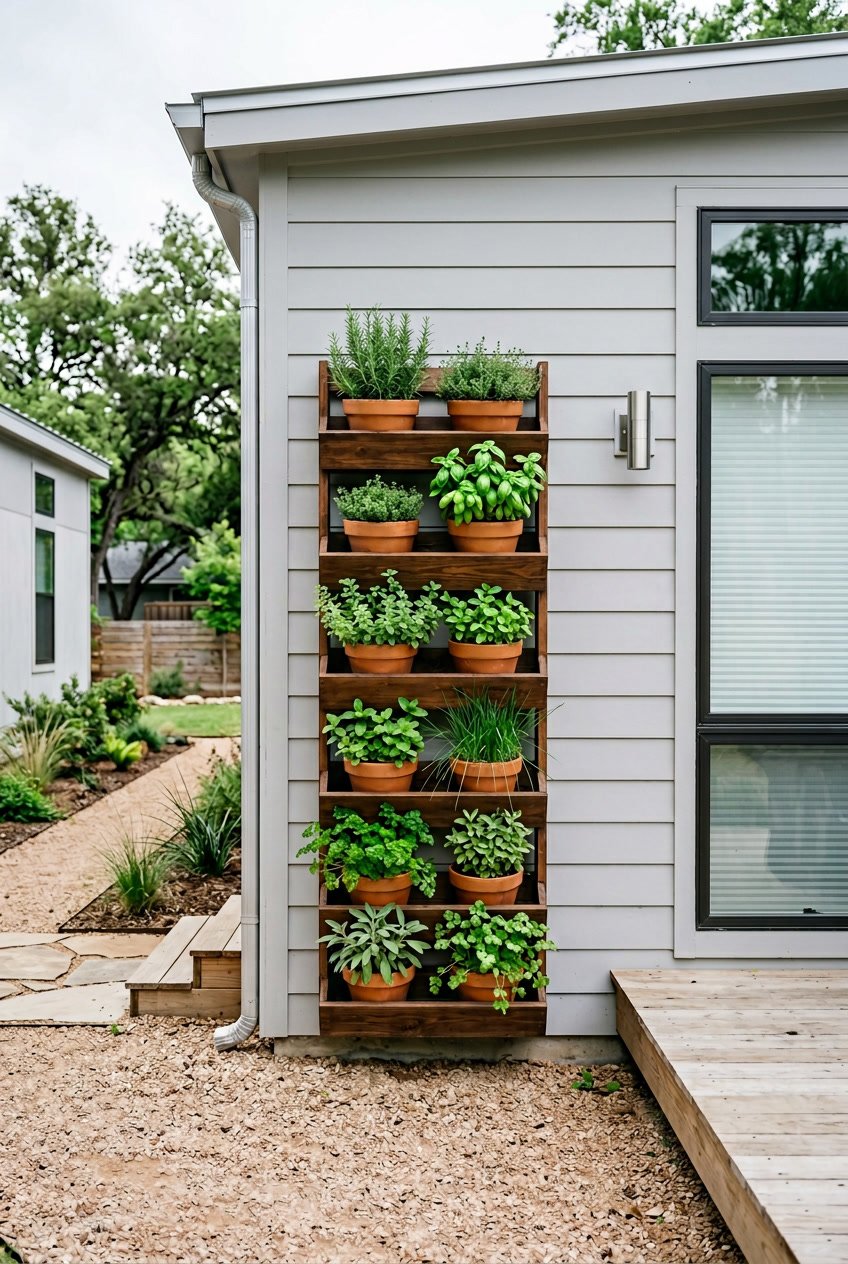 A small vertical herb garden with fresh green herbs arranged in pots against the exterior wall of a singlewide mobile home.