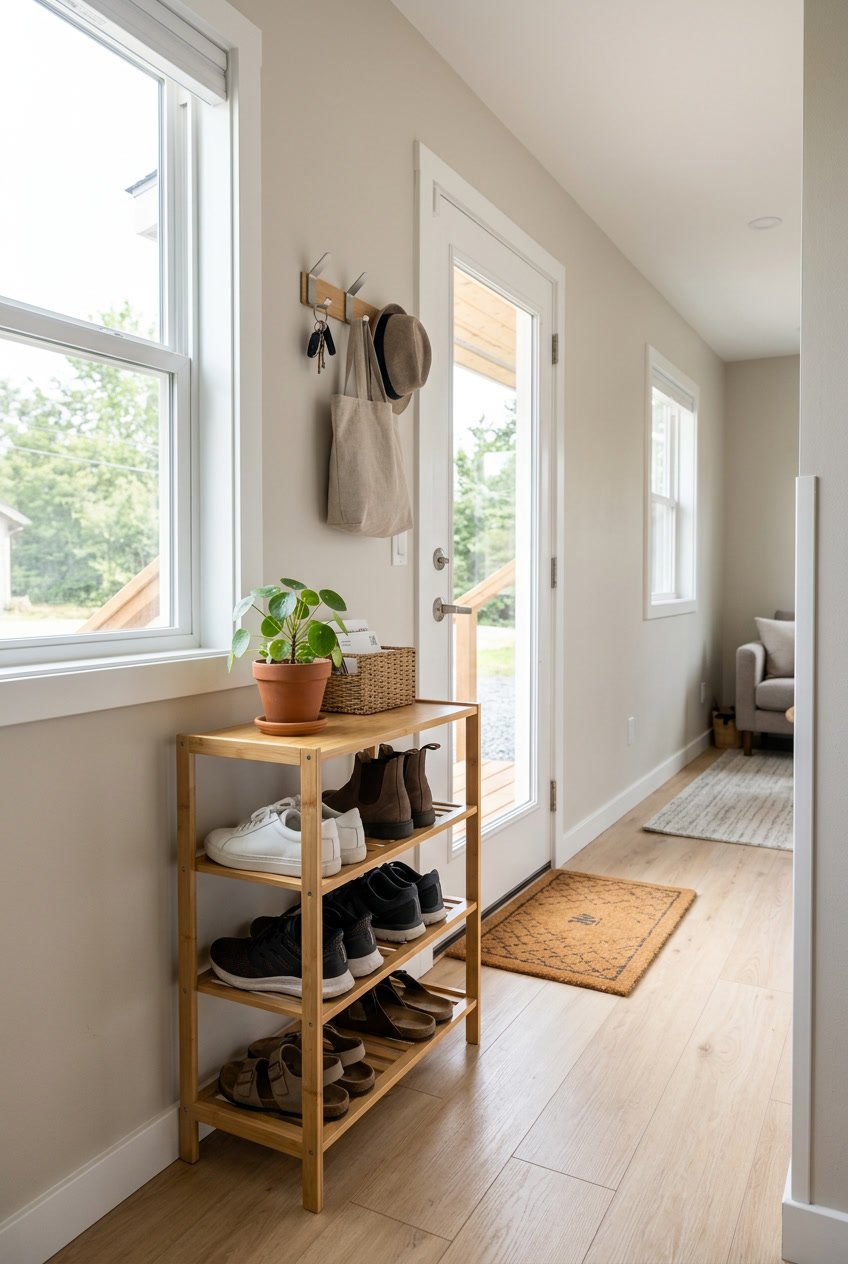 A narrow shoe rack with neatly arranged shoes placed by the entryway of a small mobile home.