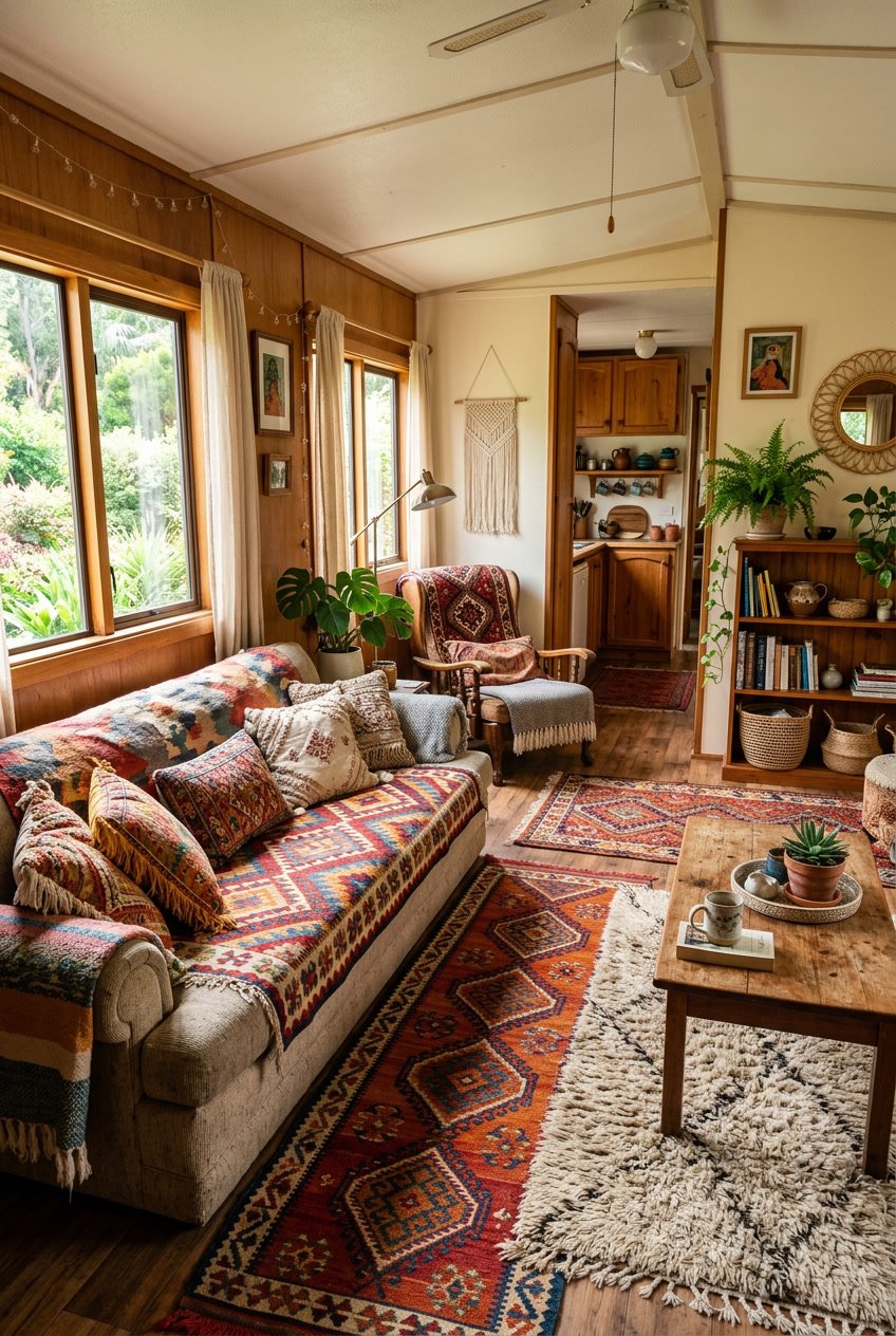 Interior of a cozy mobile home living area with colorful patterned rugs, wooden furniture, and plants.