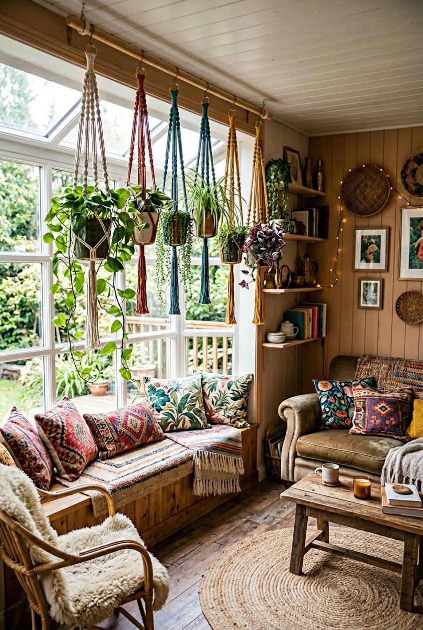 Interior of a singlewide mobile home featuring hanging plants in macrame holders near a window with cozy furniture and decorative accents.