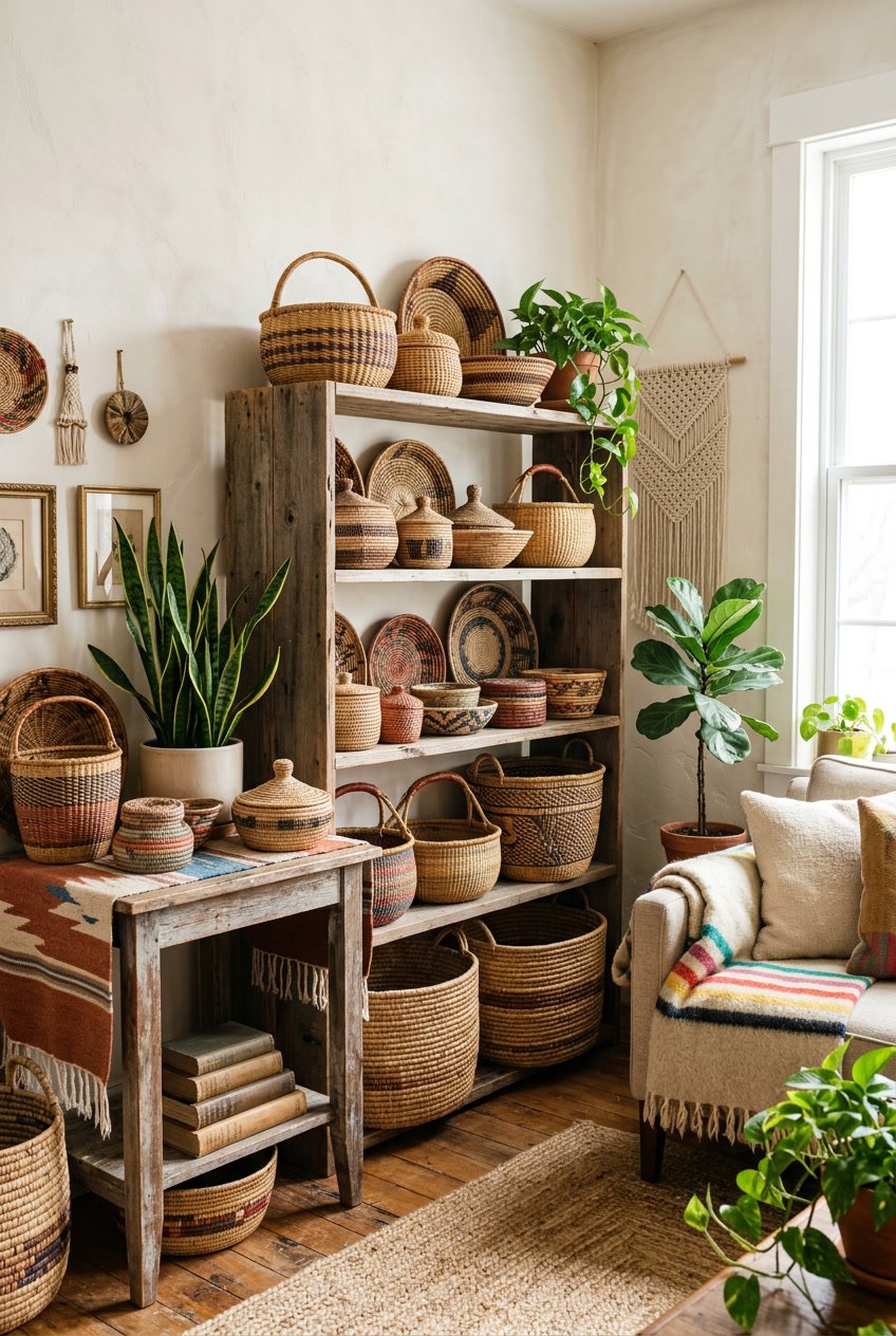 A collection of vintage woven baskets displayed on wooden shelves and a side table in a bright, cozy room with plants and colorful textiles.