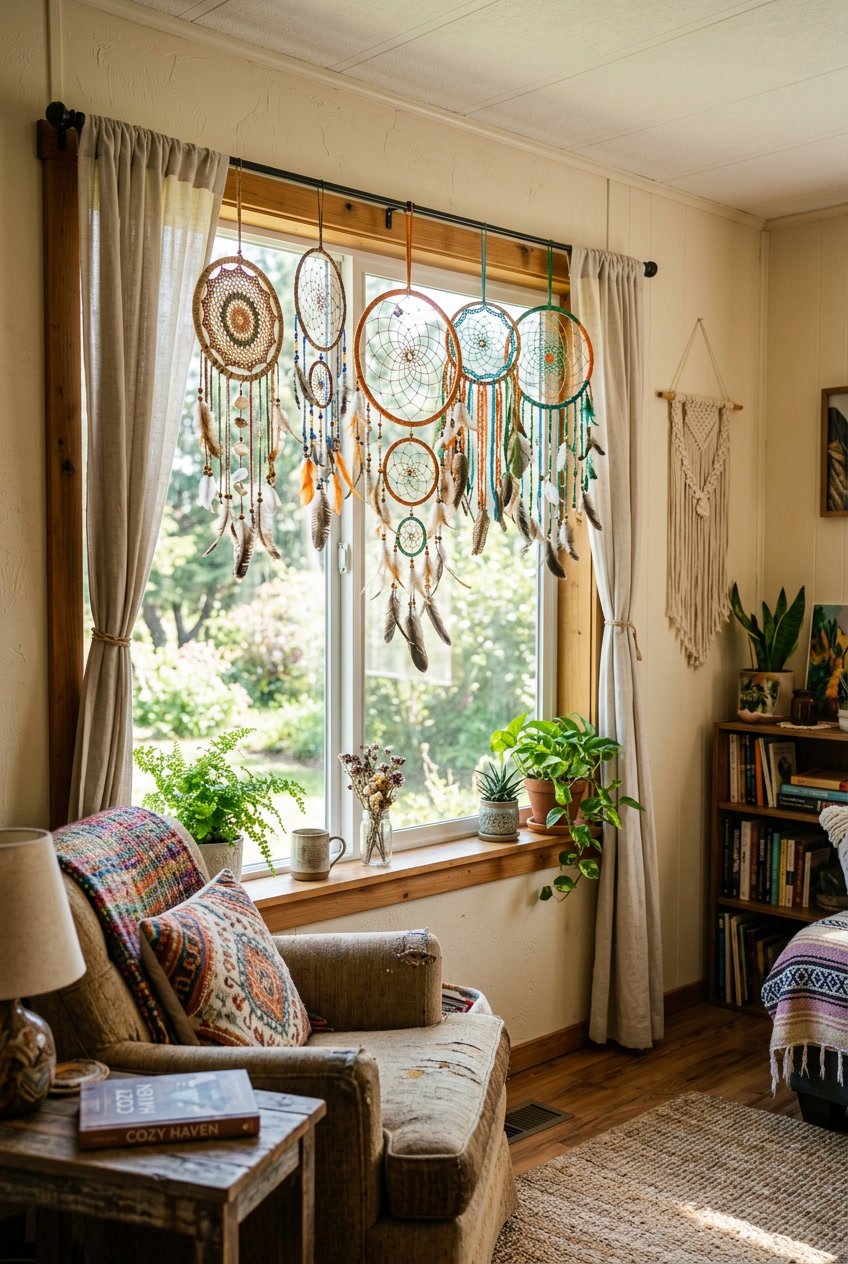 A window in a mobile home with several colorful dreamcatchers hanging, surrounded by plants and cozy decorations.