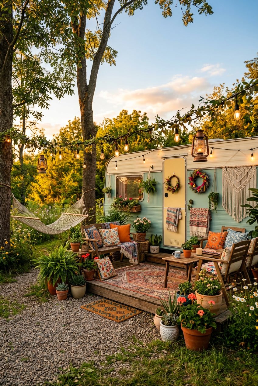 Outdoor view of a singlewide mobile home decorated with string lights and lanterns, colorful cushions, and plants on a small porch.