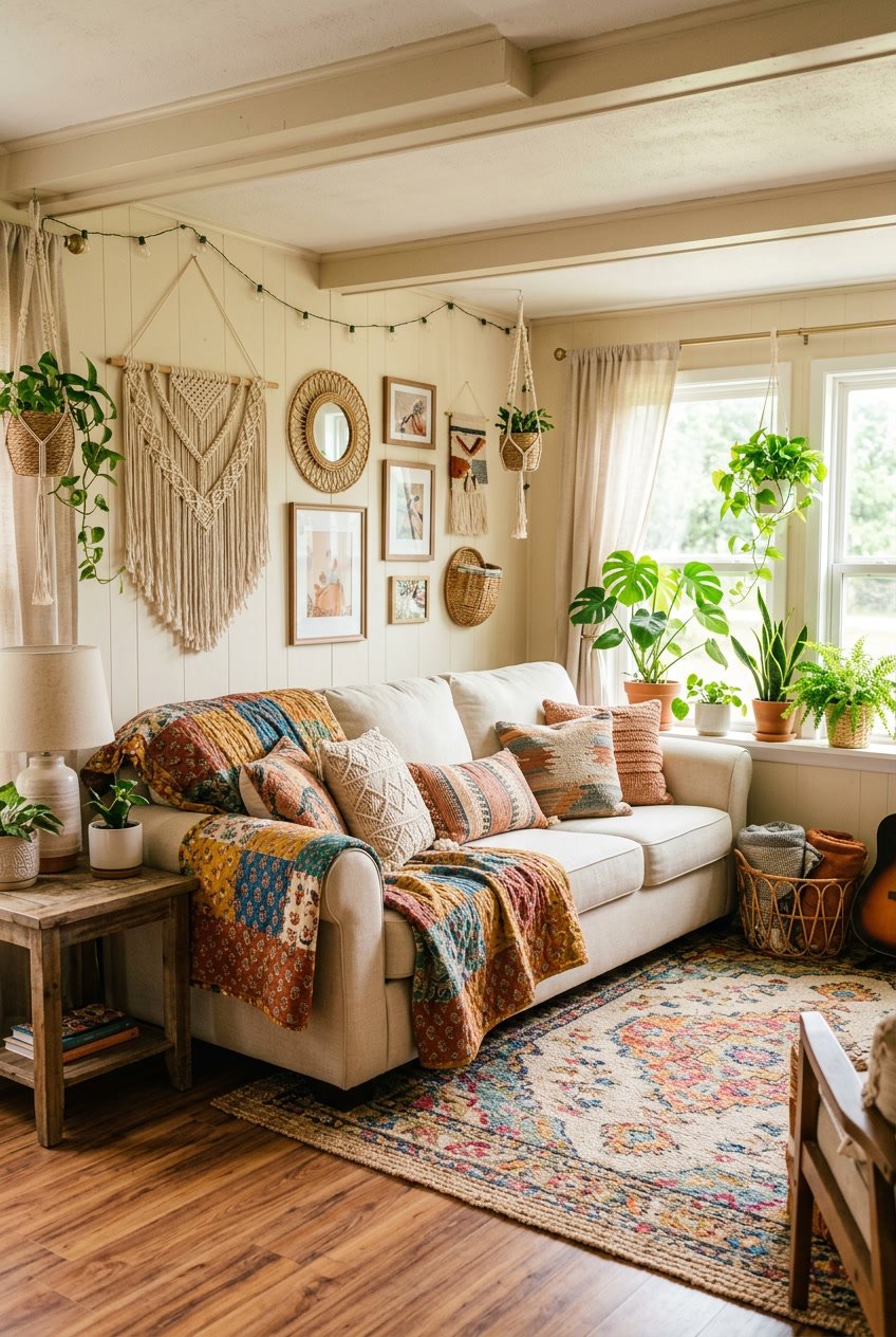 A cozy interior of a singlewide mobile home with a sofa covered in colorful patchwork quilts, surrounded by plants and decorative items.