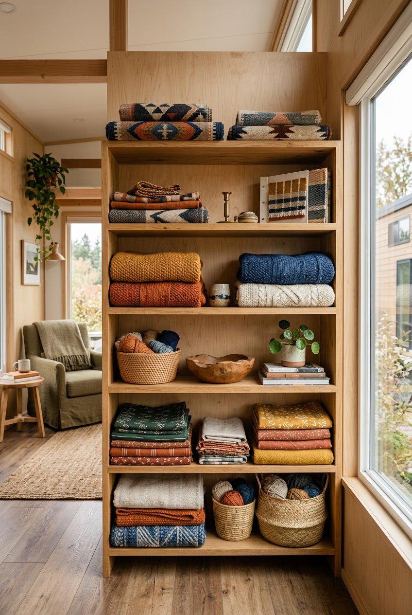 A cozy living space with open shelves displaying folded colorful fabrics and woven baskets, illuminated by natural light.
