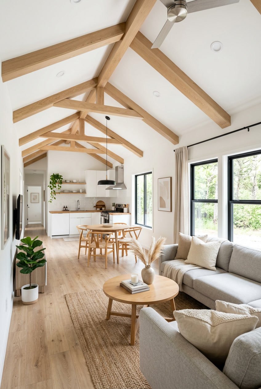 Interior of a mobile home with an open floor plan, vaulted ceilings, large windows, and modern furnishings.