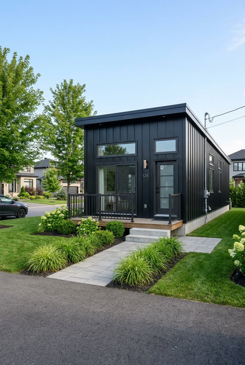 A modern singlewide mobile home with matte black metal siding surrounded by greenery and a paved walkway under a clear sky.