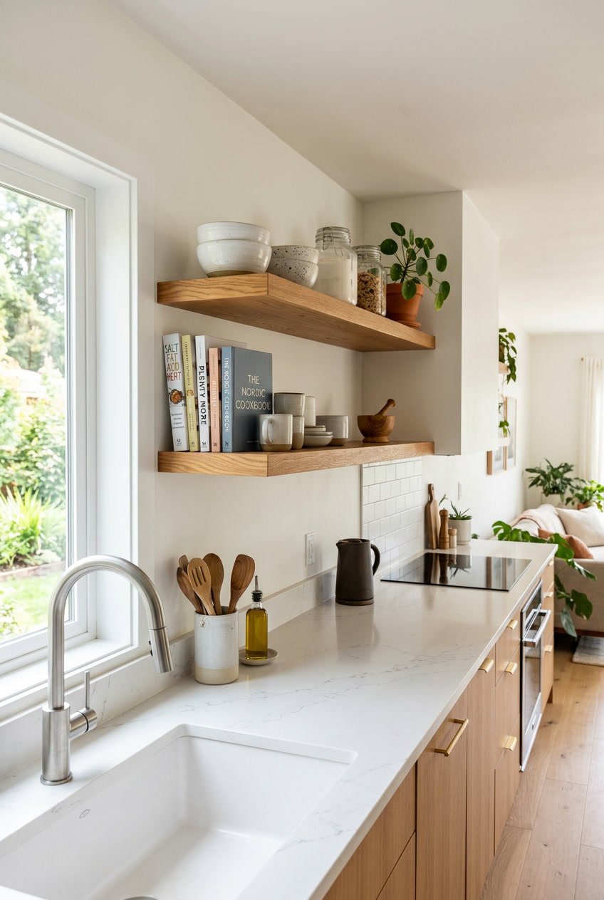 A bright kitchen with floating wooden shelves holding kitchenware and plants above a clean countertop.