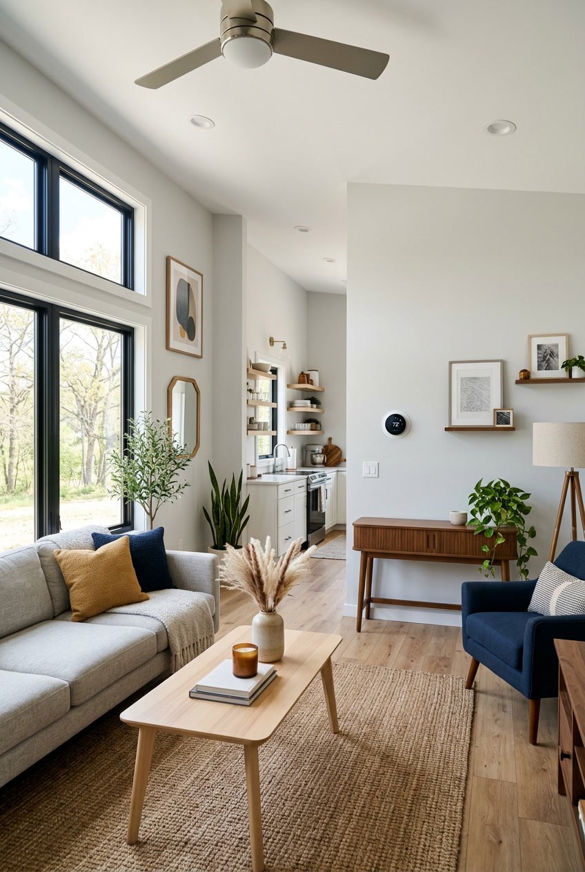 Interior of a modern singlewide mobile home with a smart thermostat on the wall and stylish furniture in a bright living space.