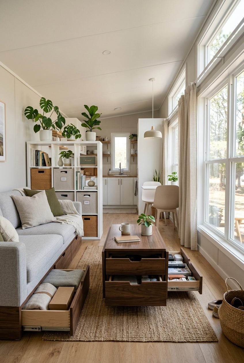 Interior of a singlewide mobile home with multifunctional furniture including a sofa with hidden storage and a foldable coffee table, illuminated by natural light.
