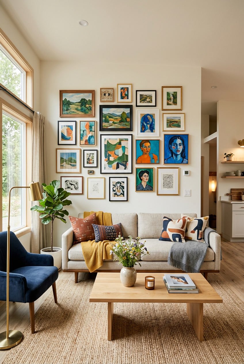 Living room inside a modern singlewide mobile home with a gallery wall of local artwork above a sofa.
