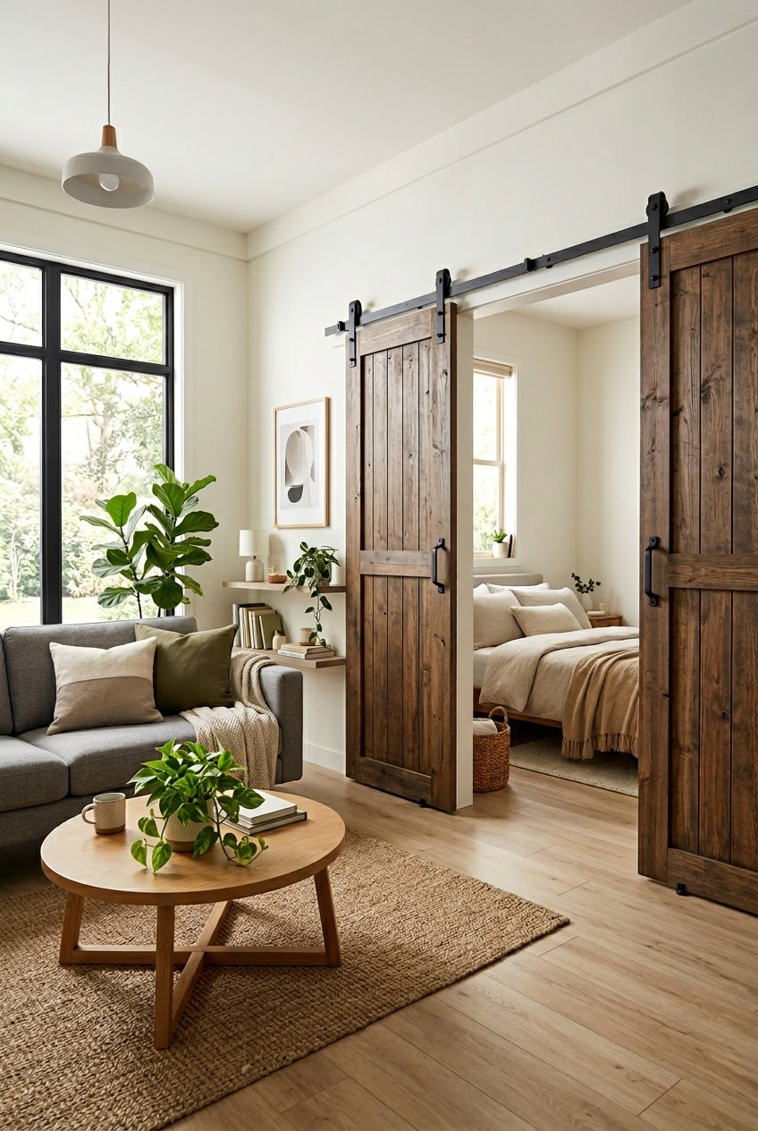Interior of a bright mobile home with wooden barn door room dividers separating living and sleeping areas.