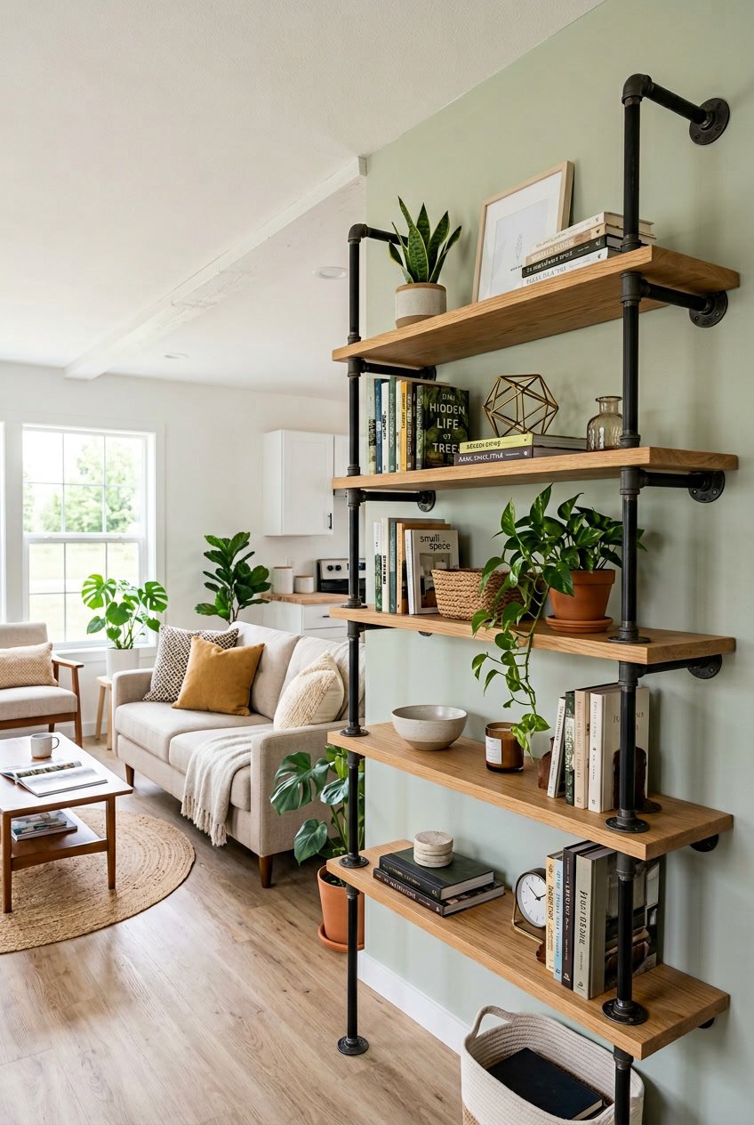 A modern mobile home interior with industrial pipe shelving units holding plants, books, and decorative items.